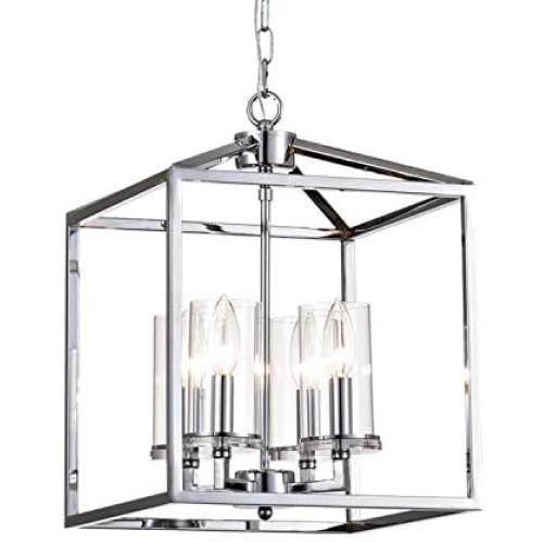 Maxax 4-Lights Lantern Chandelier Square Dining Room Light Fixture Hanging with Adjustable Hanging Height for Dining Living Room Foyer Office, Chrome Finish
