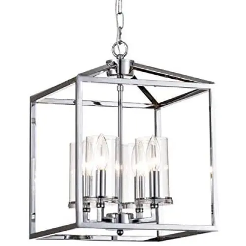 Maxax 4-Lights Lantern Chandelier Square Dining Room Light Fixture Hanging with Adjustable Hanging Height for Dining Living Room Foyer Office, Chrome Finish Maxax 4-Lights Lantern Chandelier Square Dining Room Light Fixture Hanging with Adjustable Hanging Height for Dining Living Room Foyer Office, Chrome Finish