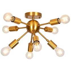 GRUSTRUST Golden Retro Brass Flush Mount Ceiling Light 8 Lights E26 Base Middle Ages Sputnik Chandeliers Ceiling Light Fixture for Dining Room, Living Room and Bedroom(Bulbs not Included)