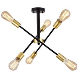 Berliget 6 Lights Industrial Living Room Mid Century Pendant Lighting Black & Gold Sputnik Chandeliers, Brushed Brass Ceiling Light for Bedroom, Dining Room, Bar, Restaurant