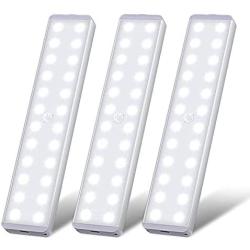 LED Closet Light, 24-LED Rechargeable Motion Sensor Closet Lights 800mAh Under Cabinet Lights Stick on Anywhere Magnetic Wireless Night Light Bar for Stairs, Kitchen, Wardrobe (3 Pack)