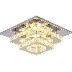 Crystal Ceiling Light Mini LED Chandelier Flush Mount Lighting Fixtures Stainless Steel Square Ceiling Lamps for Bedrooms Hallway Living Room (Warm White)