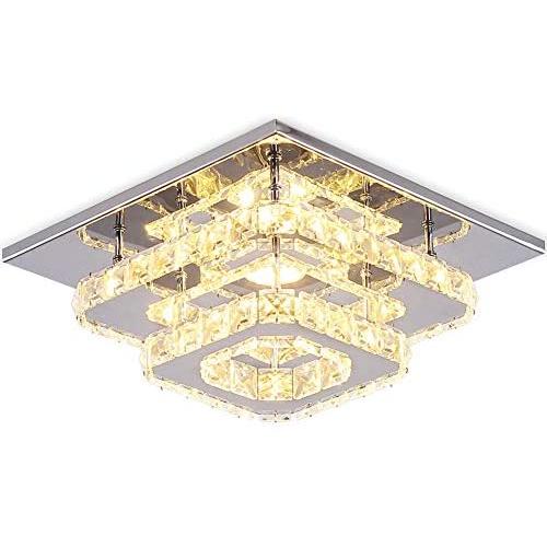 Crystal Ceiling Light Mini LED Chandelier Flush Mount Lighting Fixtures Stainless Steel Square Ceiling Lamps for Bedrooms Hallway Living Room (Warm White)