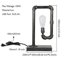 Xydled Steampunk Table Lamp,3-Way Dimmable Industrial Iron Piping Vintage Touch Control Desk Lamp with Dual USB, Minimalist Retro Table Lamp for Bedroom, Living Room, Café, Store（LED Bulb Included)