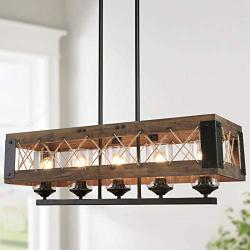 LALUZ Farmhouse Chandelier, 5-Light Kitchen Island Lighting with Clear Glass, Wood and Black Finish, 32 Inches