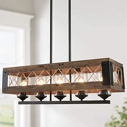 LALUZ Farmhouse Chandelier, 5-Light Kitchen Island Lighting with Clear Glass, Wood and Black Finish, 32 Inches LALUZ Farmhouse Chandelier, 5-Light Kitchen Island Lighting with Clear Glass, Wood and Black Finish, 32 Inches