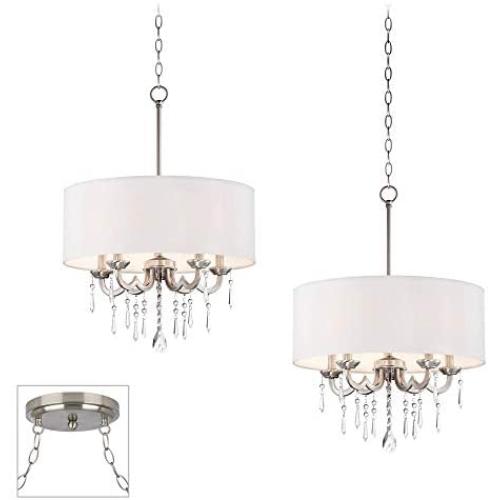 Georgiana Brushed Nickel Swag Pendant Chandelier Modern Crystal Off White Drum Shade 2-Light Fixture for Dining Room House Foyer Kitchen Island Entryway Bedroom Living Room - Possini Euro Design Georgiana Brushed Nickel Swag Pendant Chandelier Modern Crystal Off White Drum Shade 2-Light Fixture for Dining Room House Foyer Kitchen Island Entryway Bedroom Living Room - Possini Euro Design