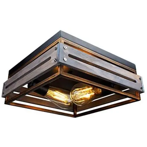 Farmhouse Ceiling Light 2 Lights Industrial Ceiling Light Farmhouse Light Fixtures Ceiling Vintage Rustic Lights Metal and Wood Square Lighting Fixture for Hallway Living Room Farmhouse Lighting