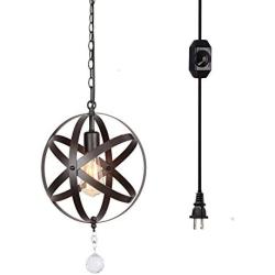 Creatgeek Industrial Plug in Pendant Light,16.4 Ft Hanging Cord and On/Off Dimmable Switch Mini Globe Chandelier,Vintage Oil Rubbed Bronze Ceiling Light Fixture for Kitchen Dining Room Bedroom-1 Set