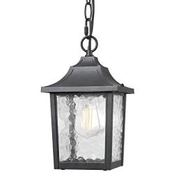 BEEZOK Outdoor Pendant Light - Exterior Hanging Lamp, Matt Black Water Rippled Glass Ceiling Lighting Fixture for Porch Patio Entryway