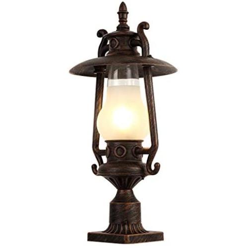 GZBtech Vintage Outdoor Post Lantern, 110V Waterproof Rust Bronze Pole Light Fixture of Rustic Kerosene Style, Metal Pillar Lantern with Frosted Glass Shade for Backyard Garden