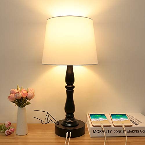 Touch Table Lamp with 2 USB Ports, Boncoo 3 Way Dimmable Bedside Lamp USB Nightstand Lamp with White Lampshade, Resin Desk Lamp Ambient Light for Bedroom Living Room Guest Room, A19 LED Bulb Included