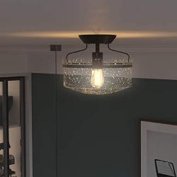 Tangkula Industrial Ceiling Light Fixture, Seeded Glass Shade, Semi Flush Mount Ceiling Light w/ Black Metal Base, Farmhouse Pendant Lighting for Dining Room, Bedroom, Cafe, Bar, Entryway (Black)