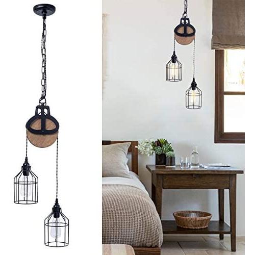VILUXY Vintage Industrial Pulley Pendant Light with 2 Cage Shade Adjustable Black Ceiling Hanging Light Indoor Island Lamp for Dining Living Room Kitchen Hallway Foyer Farmhouse