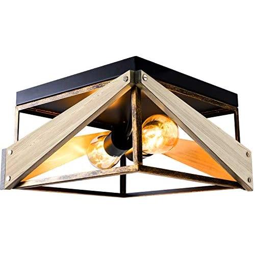 Rustic Industrial Flush Mount Ceiling Light Fixture,Two-Light Metal and Wood Square Flush Mount Ceiling Light for Living Room, Bedroom, Kitchen, Hallway, Dining Room，Porch，Antique Gold &Black