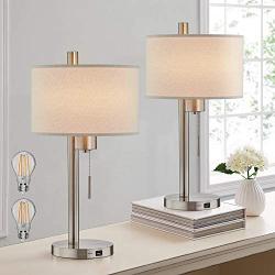 Modern Bedside Table Lamp Set of 2 with Hotel Style USB Charging Port for Bedroom Living Room Nightstand Home Office, 23''H Study Desk Lamps with 2 LED Bulb Included(Brushed Steel, 2-Pack)