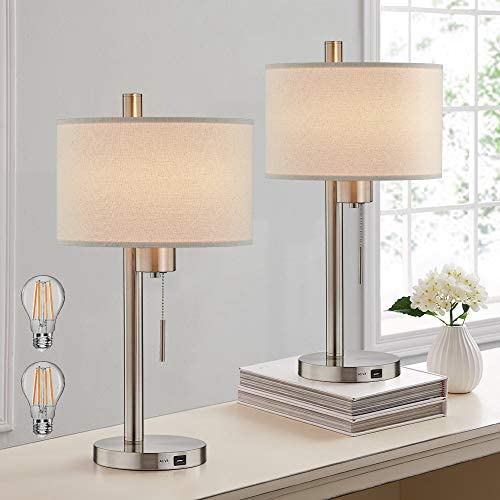 Modern Bedside Table Lamp Set of 2 with Hotel Style USB Charging Port for Bedroom Living Room Nightstand Home Office, 23''H Study Desk Lamps with 2 LED Bulb Included(Brushed Steel, 2-Pack)