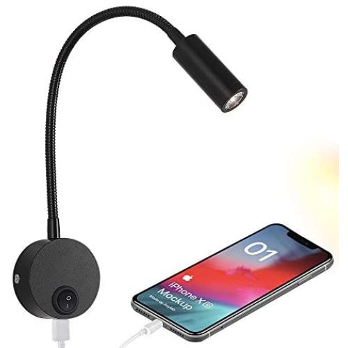 Bedside Reading Wall Light with USB Charging Port, LED Wall Mounted Lamp, Flexible Wall Sconce, Black Finished (3W Warm White)