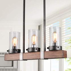 LNC Chandelier, Glass Pendant Light for Kitchen Island in Rustic Wood and Metal, Farmhouse Hanging Lamp for Dining Room