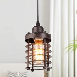 LALUZ Pendant Lighting for Kitchen Island, Farmhouse Mini Cage Hanging Lamp for Dining Room,Bar, Brown Rust Finish