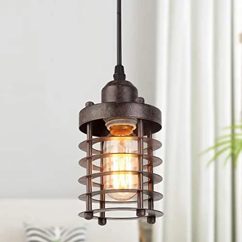 LALUZ Pendant Lighting for Kitchen Island, Farmhouse Mini Cage Hanging Lamp for Dining Room,Bar, Brown Rust Finish