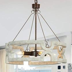 T&A Farmhouse Chandelier,Wood Drum 4-Light Chandeliers with Hand-Painted White Finish, Kitchen Island Pendant Lights for Dining Room Living Room Bedroom