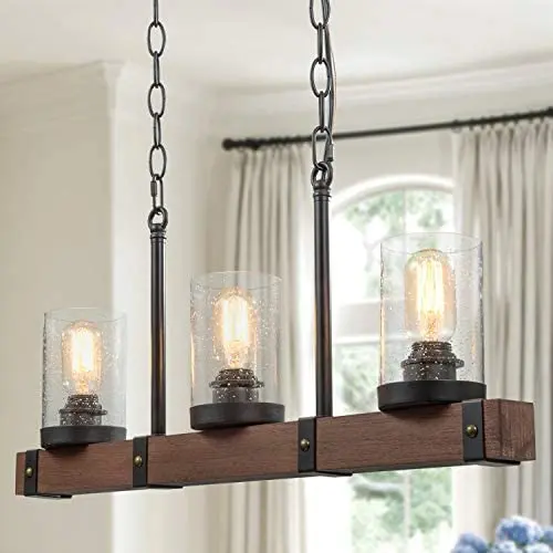 Kitchen Island Lighting, Farmhouse Dining Room Chandelier with Seeded Glass, Wood Pendant Light Fixture, 25.5” in Length (3 Lights)