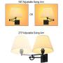 YeLEEiNO Swing Arm Wall Lamp Plug-in Cord Home Decorators Simplicity Wall Sconce, Ivory Fabric Shade,with On/Off Switch E26 Base 2-Light Bedroom Wall Lights Fixtures,Bedside Reading Lamp (Art Style