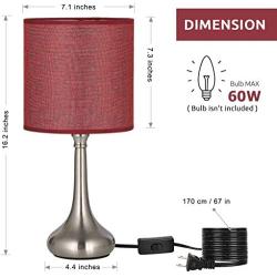 Nightstand Table Desk Lamps Set of 2, Vintage Bedside Metal Body Lamp with Fabric Shade for Living Room, Kids Room, Bedroom, Office, Study and Café, Dark Red