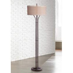 Tristan Modern Floor Lamp Bronze Metal Sheer Brown and Textured Linen Double Drum Shades for Living Room Reading - Franklin Iron Works