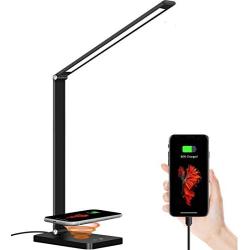 LED Desk Lamp, ZHUPIG Desk Lamp with USB Charging Port, Wireless Charger, Eye-Caring Desk Light with 5 Lighting Modes & 3 Brightness Levels, Dimmable Office Lamp for Reading, Studying (with Adapter)