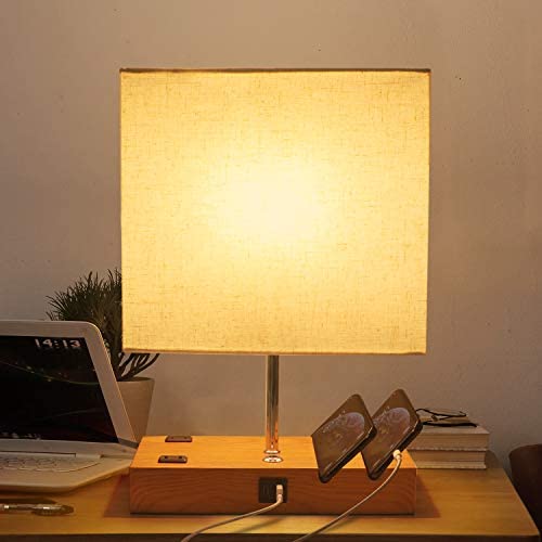 Bedside Table Lamp with 2 USB Ports and Outlets, Dimmable Touch Control Bedside Lamp for Bedroom, Nightstand Lamp Touch Lamp for Living Room, Guestroom, Office, E26 LED Bulb Included