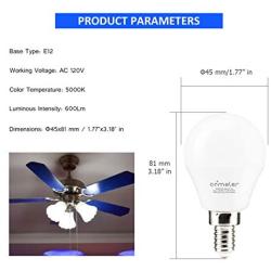 Comzler LED Ceiling Fan Bulb 60W Equivalent, Daylight 5000K, Candelabra Base G45 Globe Light Bulbs 600lm for Bedroom, Living Room, CRI>80, Non-dimmable, 6 Pack