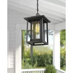 Beionxii Outdoor Pendant Light | Exterior Hanging Lantern, Chain Adjustable, Sand Textured Black with Clear Glass - A197H-1PK