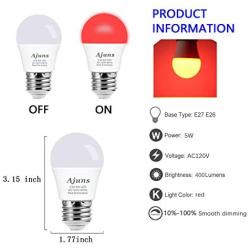 LED Red Light Bulb Dimmable 40W Equivalent A15 Red Light Bedroom Night Light Party Decoration Porch Holiday Lighting E26 Base 5W 4Pack