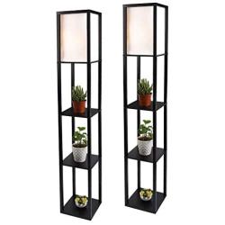 Shelf Floor Lamp Black,2 Pcs Standing Lamps with White Shade and Solid Wood Frame, Without Led Bulbs (2 pcs Light)