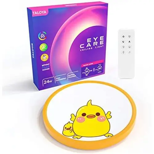 TALOYA LED Ceiling Light with Remote Control, Eye-Caring Dimmable 24W, CRI95, Yellow Round Lamp with Cute Chick Pattern for Girl, Bedroom, Study Room