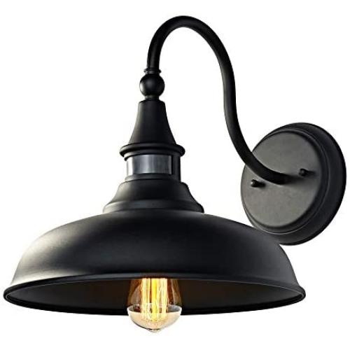 MOTINI Outdoor Barn Light with Motion Sensor Classic Wall Lighting OBB Steel,Wall Sconce Dome on a Gooseneck 12.5''x16.75''