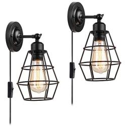 Wire Cage Wall Sconce, KOONTING 2 Pack Industrial Wall Lamp with Plug-in Cord and On Off Toggle Switch, Vintage Style E26 Base Metal Wall Light Fixture for Headboard Bedroom Garage Porch Mirror