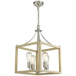 Zeyu Foyer Lantern 4-Light Chandelier, Modern Pendant Hanging Light for Hall Dining Room, Wood Grain and Satin Nickel Finish, ZJF12-4 WD+SN