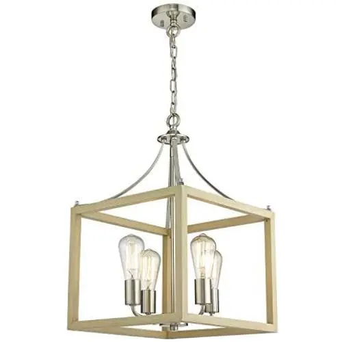 Zeyu Foyer Lantern 4-Light Chandelier, Modern Pendant Hanging Light for Hall Dining Room, Wood Grain and Satin Nickel Finish, ZJF12-4 WD+SN