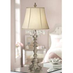 Duval Cottage Table Lamp Crystal Antique White Candlestick Beige Bell Shade for Living Room Family Bedroom Bedside - Barnes and Ivy