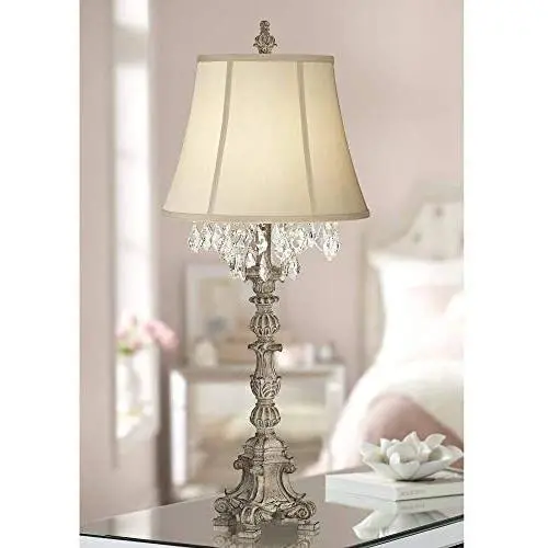 Duval Cottage Table Lamp Crystal Antique White Candlestick Beige Bell Shade for Living Room Family Bedroom Bedside - Barnes and Ivy Duval Cottage Table Lamp Crystal Antique White Candlestick Beige Bell Shade for Living Room Family Bedroom Bedside - Barnes and Ivy
