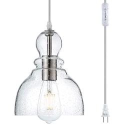 LANROS Swag Lights with 15.7 Ft Plug-in Cord and On/Off Switch, Handblown Clear Seeded Glass Shade Pendant Light for Bedroom Study Kitchen Sink Livingroom, Brushed Nickle Finish, 7inch, 1-Pack