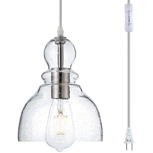 LANROS Swag Lights with 15.7 Ft Plug-in Cord and On/Off Switch, Handblown Clear Seeded Glass Shade Pendant Light for Bedroom Study Kitchen Sink Livingroom, Brushed Nickle Finish, 7inch, 1-Pack