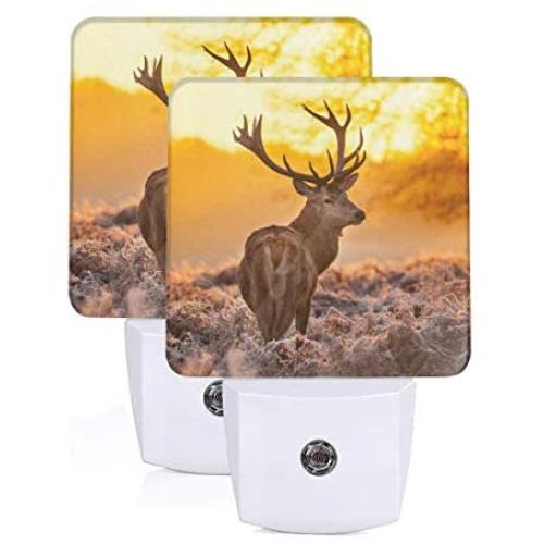 Set of 2 Led Night Lights, Antler Red Deer Morning Sun Auto Dusk-to-Dawn Sensor Night Lamp Plug-in Home Decorative for Adult
