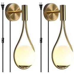 BOKT Modern Glass Wall Lamp Gold Wall Mounted Sconces,Mid-Century Bedroom Bedsides Water Drop Wall Light Home Decoration (Plug in-2Pack)