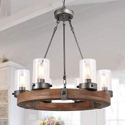 LNC Farmhouse Chandelier Wood Round Wagon Wheel 6-Light Fixture with Seeded Glass Shades for Dining & Living Room, Bedroom, Kitchen and Foyer, Brown