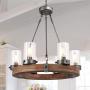 LNC Farmhouse Chandelier Wood Round Wagon Wheel 6-Light Fixture with Seeded Glass Shades for Dining & Living Room, Bedroom, Kitchen and Foyer, Brown