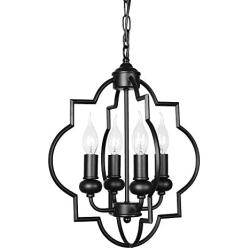 Lingkai Modern Chandelier Foyer Lantern 4-Light Candle Pendant Lighting Industrial Ceiling Hanging Light for Hallway Kitchen Dining Room Fixture Black Finish